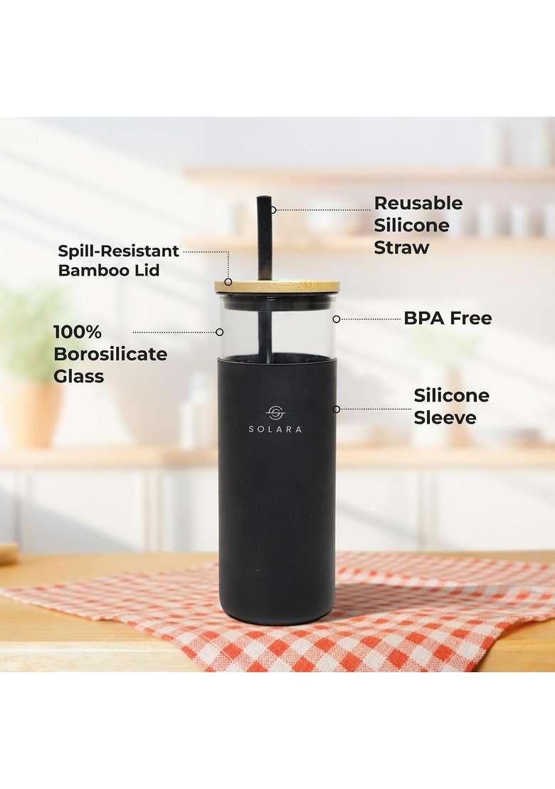 SOLARA Glass Tumbler with Bamboo Lid | 500 ml | 16.9 fl oz - Indya