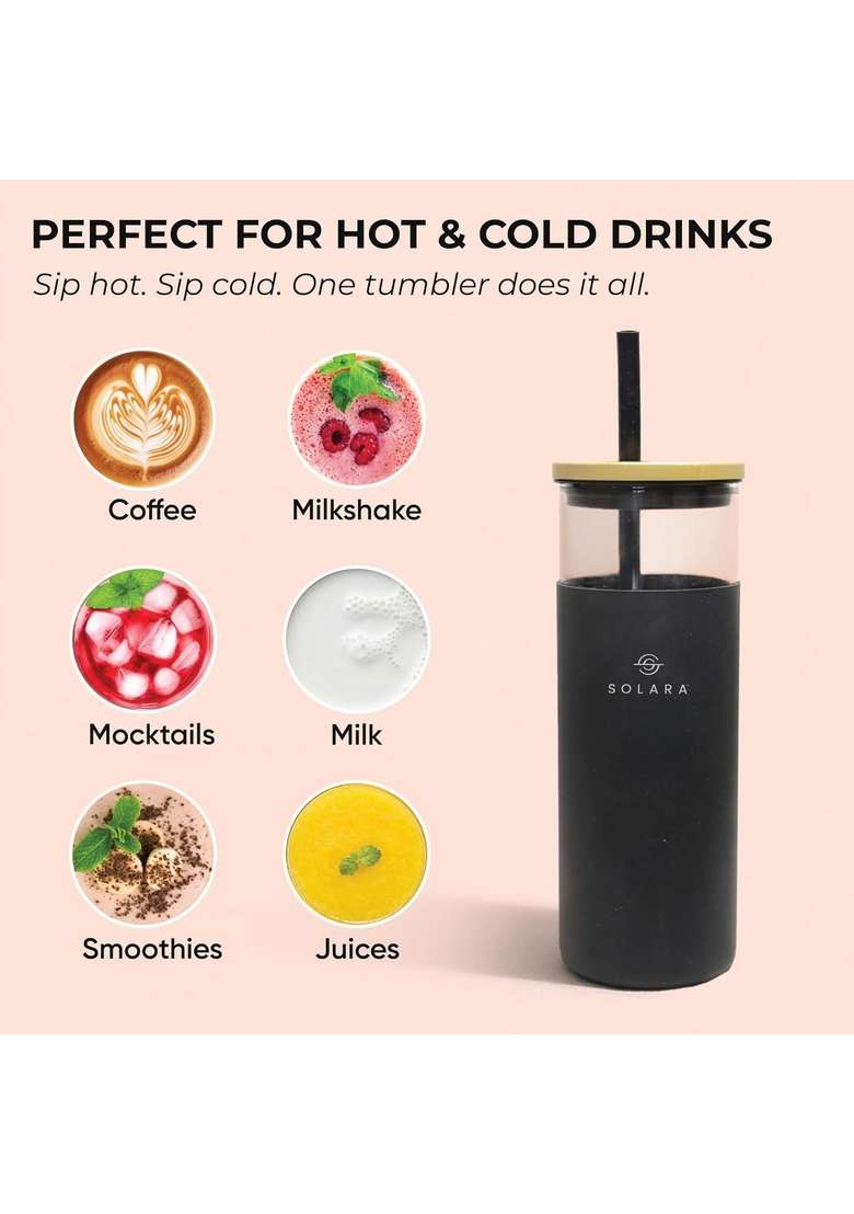 SOLARA Glass Tumbler with Bamboo Lid | 500 ml | 16.9 fl oz - Indya