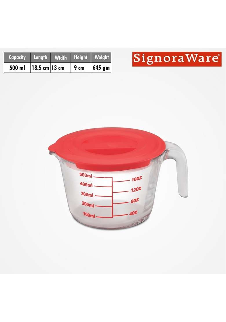 SIGNORA WARE SignoraWare Borosilicate Glass Measuring Cup | 500 ml | 16.9 fl oz | Dishwasher Safe | Microwave Safe - Indya