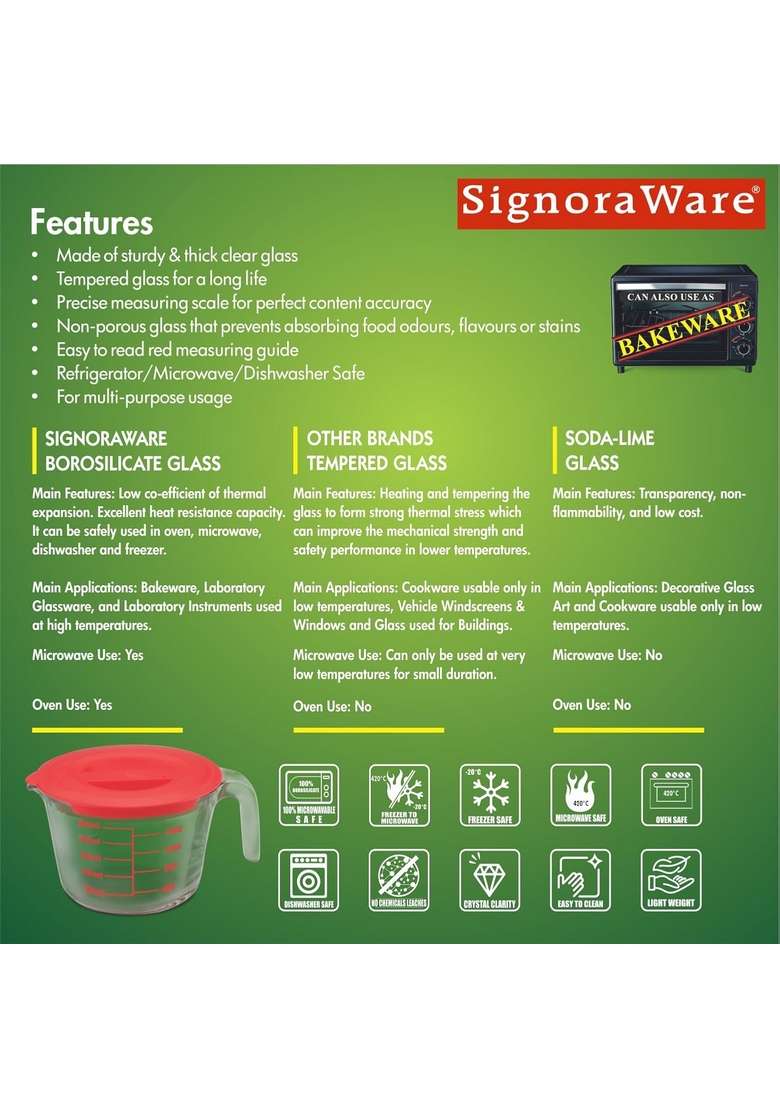 SIGNORA WARE SignoraWare Borosilicate Glass Measuring Cup | 500 ml | 16.9 fl oz | Dishwasher Safe | Microwave Safe - Indya