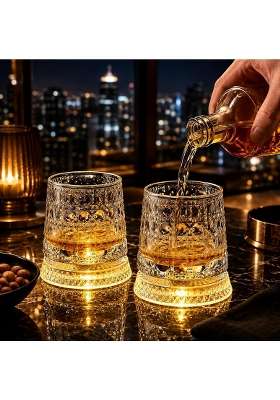PrimeWorld LED Revolving Whiskey Glasses | 300 ml | 10.1 fl oz | 2-Piece Set | Lead Free