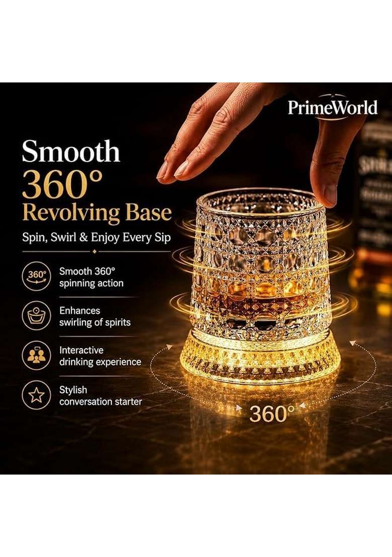 PrimeWorld LED Revolving Whiskey Glasses | 300 ml | 10.1 fl oz | 2-Piece Set | Lead Free - Indya