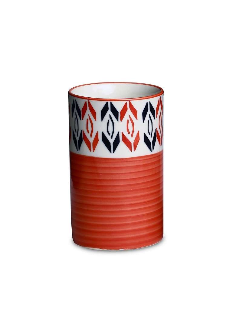 Caffeine Ceramic Stoneware Handmade Orange Arrow Pattern Water Glass | 300 ml | 10.1 fl oz | Dishwasher Safe | Microwave Safe - Indya