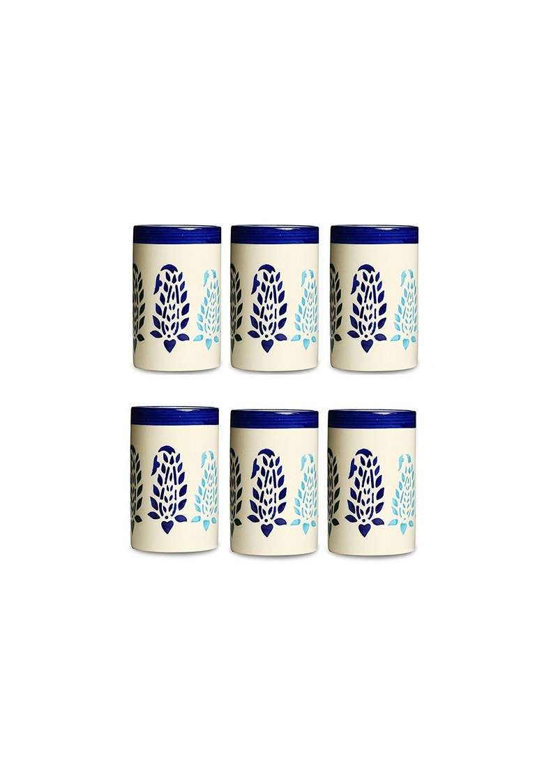Caffeine Ceramic Handmade Blue Boota Water Glass | 300 ml | 10.1 fl oz | 6-Piece Set - Indya