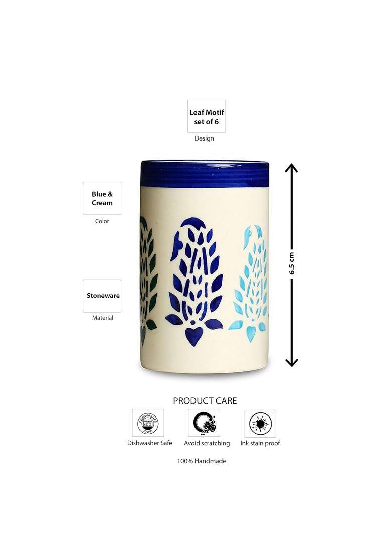 Caffeine Ceramic Handmade Blue Boota Water Glass | 300 ml | 10.1 fl oz | 6-Piece Set - Indya