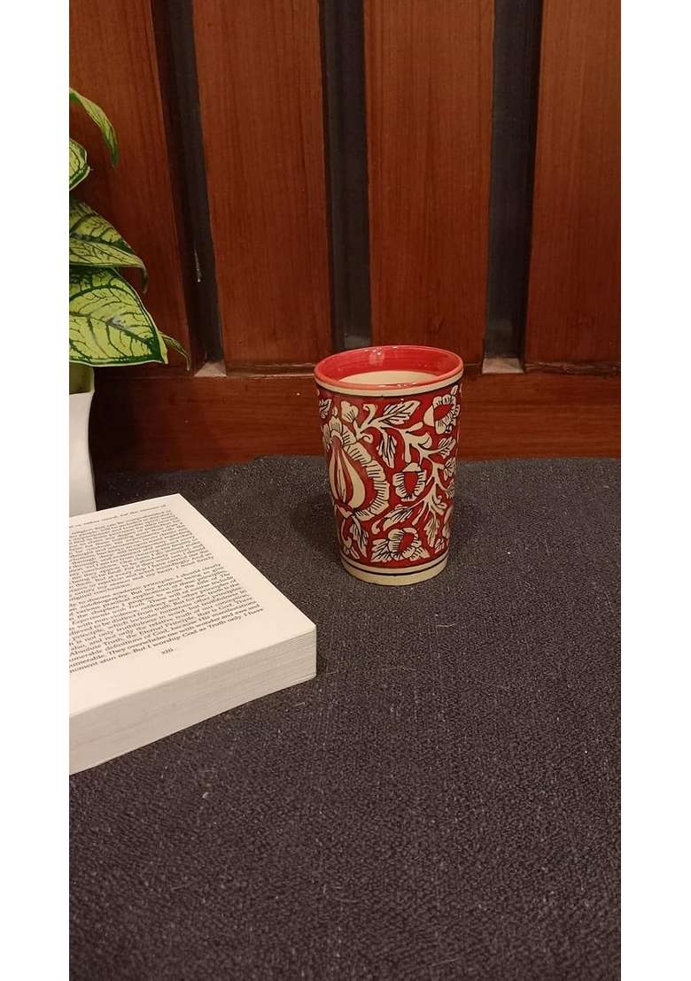 Caffeine Ceramic Handmade Red Mughal Water Glass | 300 ml | 10.1 fl oz - Indya