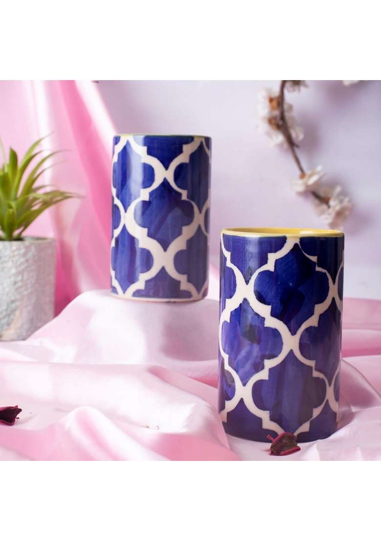Caffeine Ceramic Stoneware Handmade Blue Umrao Water Glass | 300 ml | 10.1 fl oz | 4-Piece Set - Indya