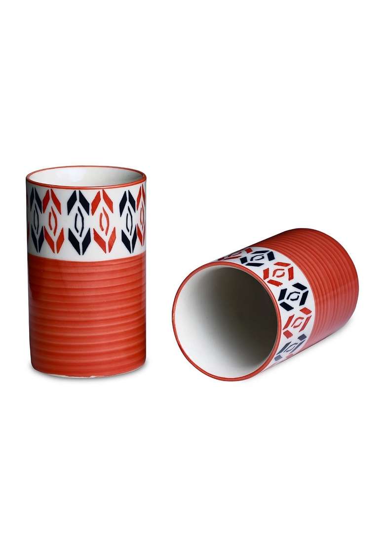 Caffeine Ceramic Stoneware Handmade Orange Arrow Pattern Water Glass | 300 ml | 10.1 fl oz | 2-Piece Set | Dishwasher Safe | Microwave Safe - Indya