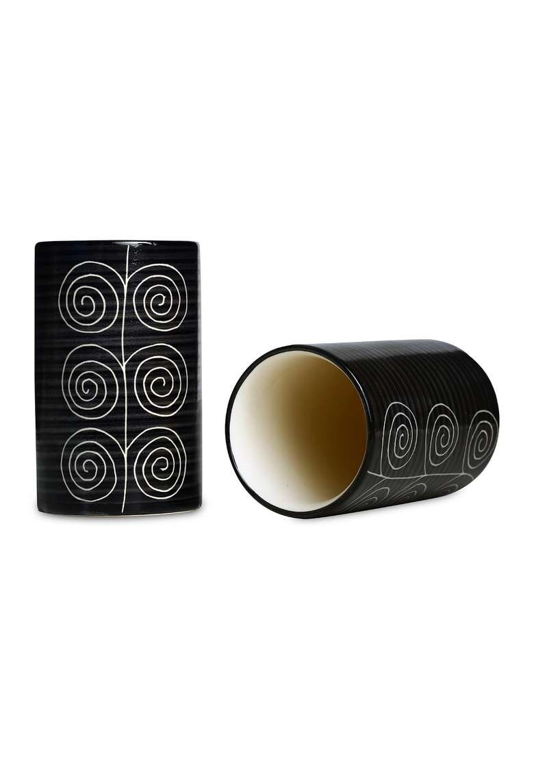 Caffeine Ceramic Stoneware Handmade Black Doodle Water Glass | 300 ml | 10.1 fl oz | 2-Piece Set - Indya