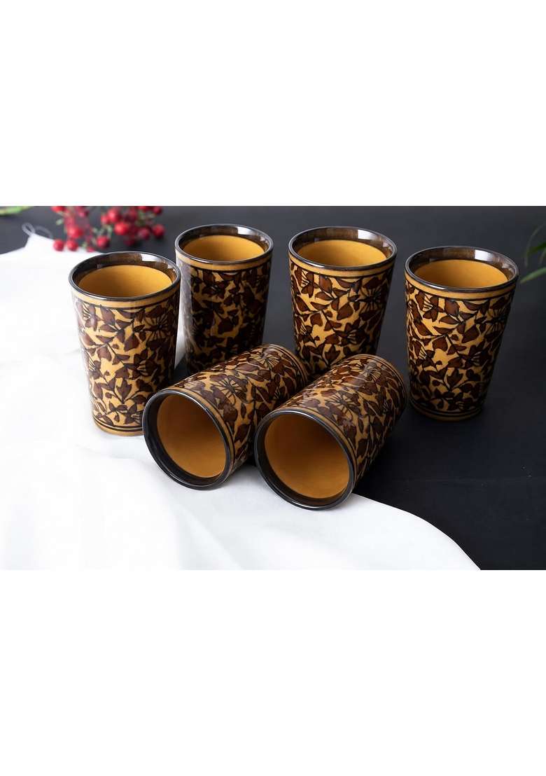 Caffeine Ceramic Handmade Brown Sehra Water Glass | 300 ml | 10.1 fl oz | 6-Piece Set - Indya
