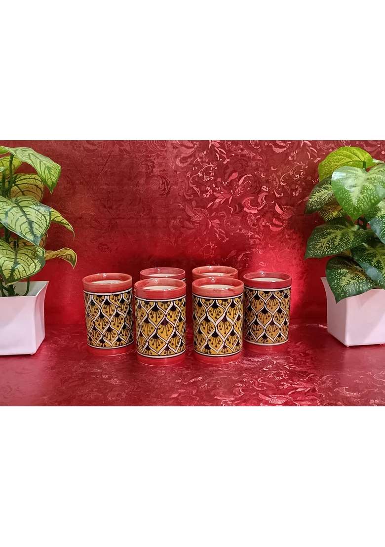 Caffeine Ceramic Handmade Orange Water Glass | 300 ml | 10.1 fl oz | 6-Piece Set - Indya