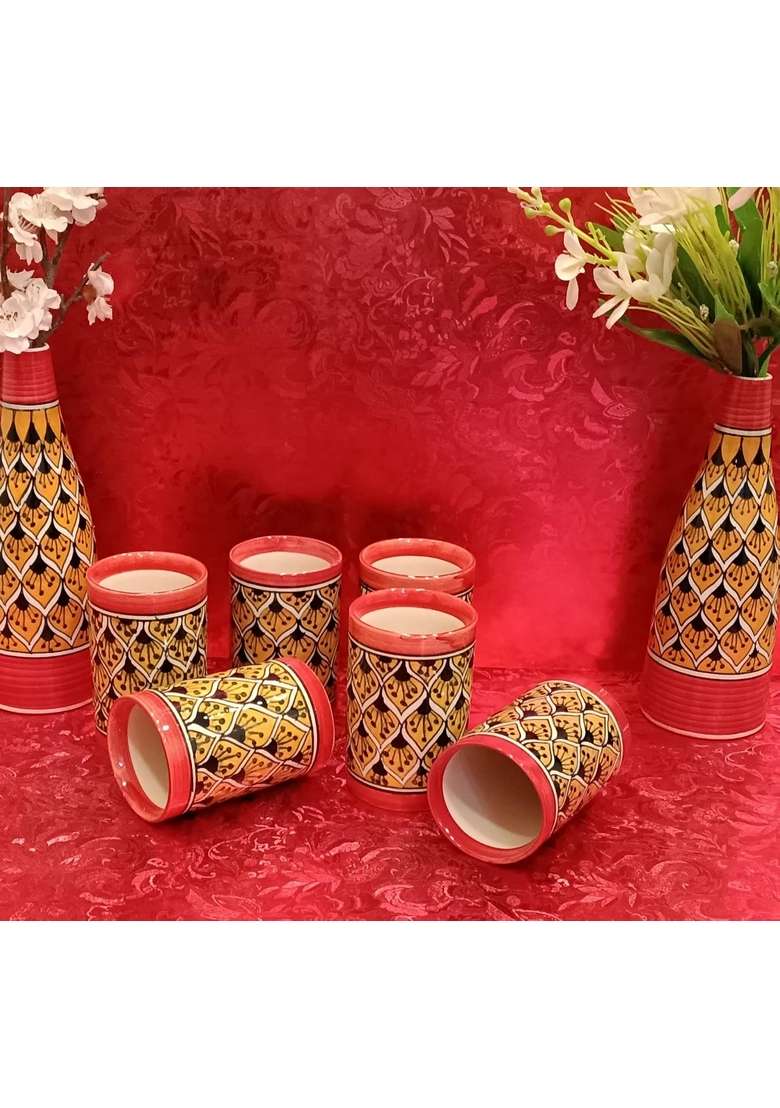Caffeine Ceramic Handmade Orange Water Glass | 300 ml | 10.1 fl oz | 6-Piece Set - Indya