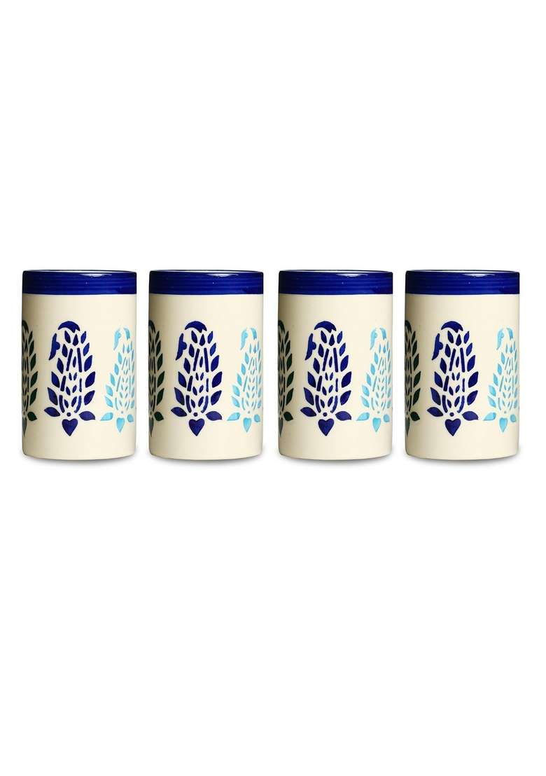 Caffeine Ceramic Stonware Handmade Blue Boota Water Glass | 300 ml | 10.1 fl oz | 4-Piece Set | Dishwasher Safe | Microwave Safe - Indya