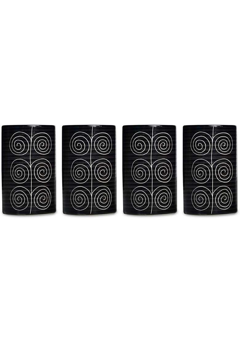 Caffeine Ceramic Stoneware Handmade Black Doodle Water Glass | 300 ml | 10.1 fl oz | 6-Piece Set - Indya
