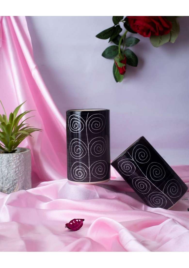Caffeine Ceramic Stoneware Handmade Black Doodle Water Glass | 300 ml | 10.1 fl oz | 6-Piece Set - Indya