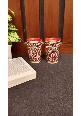Caffeine Ceramic Handmade Red Mughal Water Glass | 300 ml | 10.1 fl oz | 2-Piece Set
