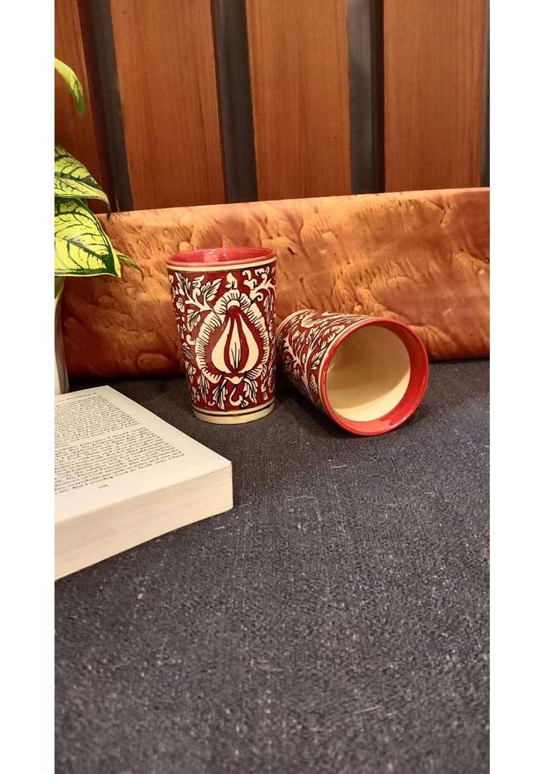 Caffeine Ceramic Handmade Red Mughal Water Glass | 300 ml | 10.1 fl oz | 2-Piece Set - Indya