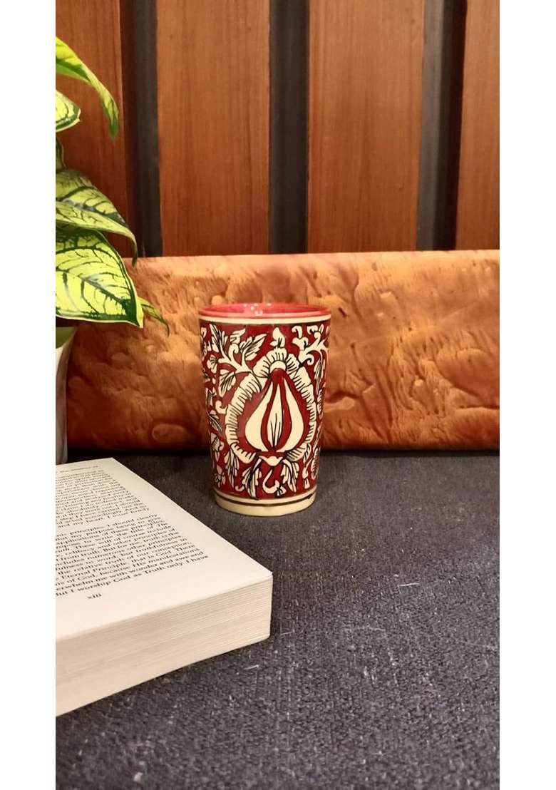 Caffeine Ceramic Handmade Red Mughal Water Glass | 300 ml | 10.1 fl oz | 2-Piece Set - Indya
