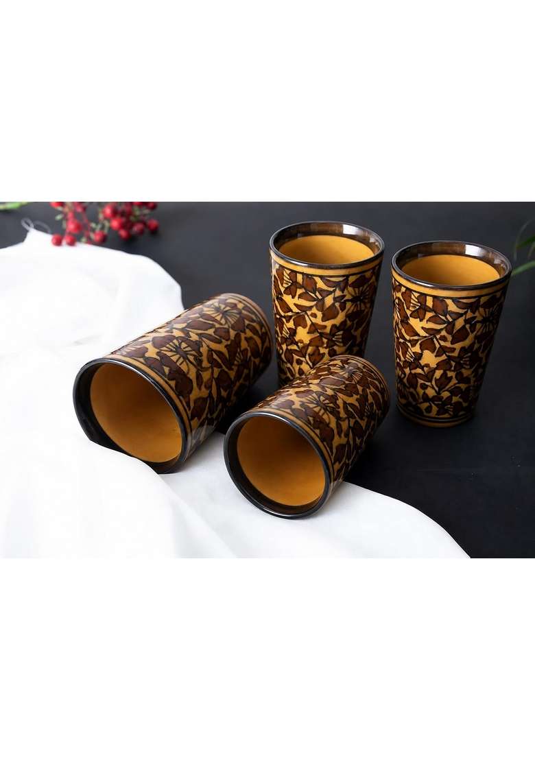 Caffeine Ceramic Handmade Brown Sehra Water Glass | 300 ml | 10.1 fl oz | 4-Piece Set - Indya