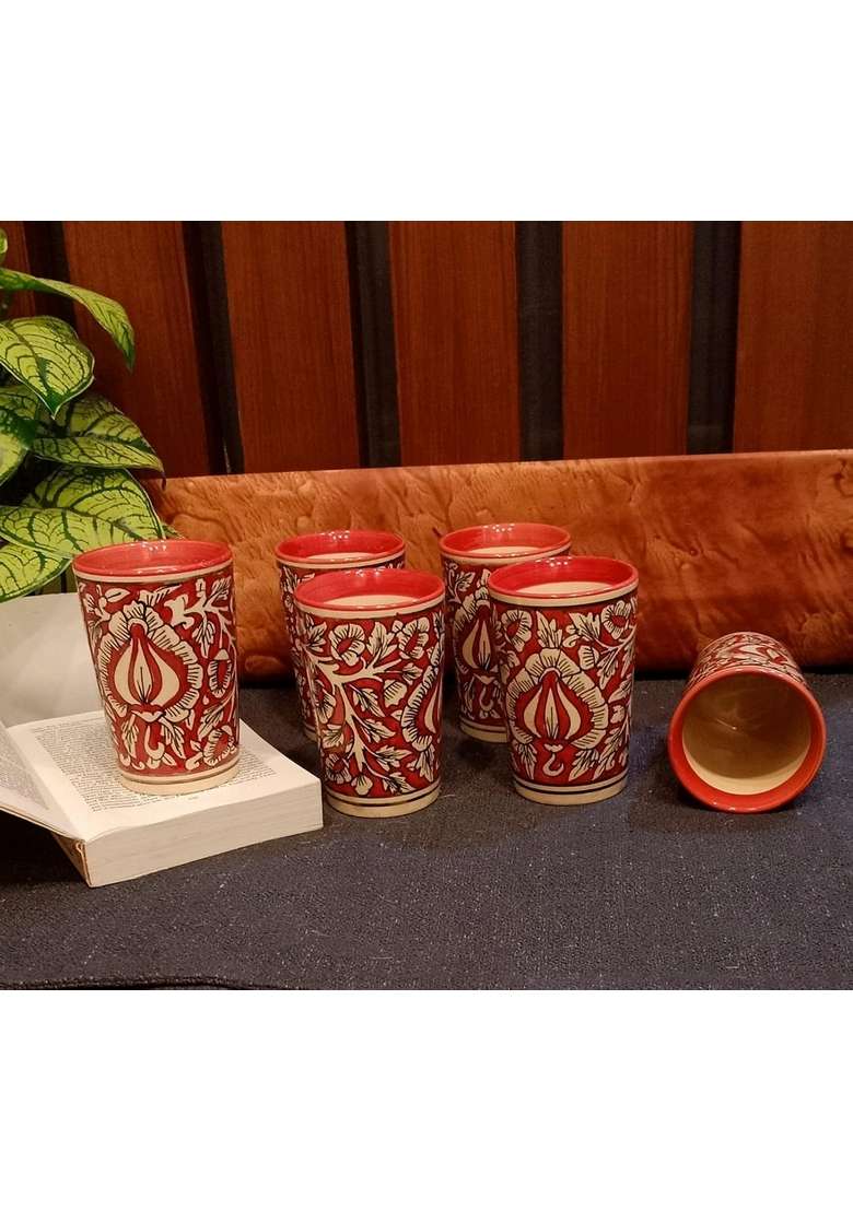 Caffeine Ceramic Handmade Red Mughal Water Glass | 300 ml | 10.1 fl oz | 6-Piece Set - Indya