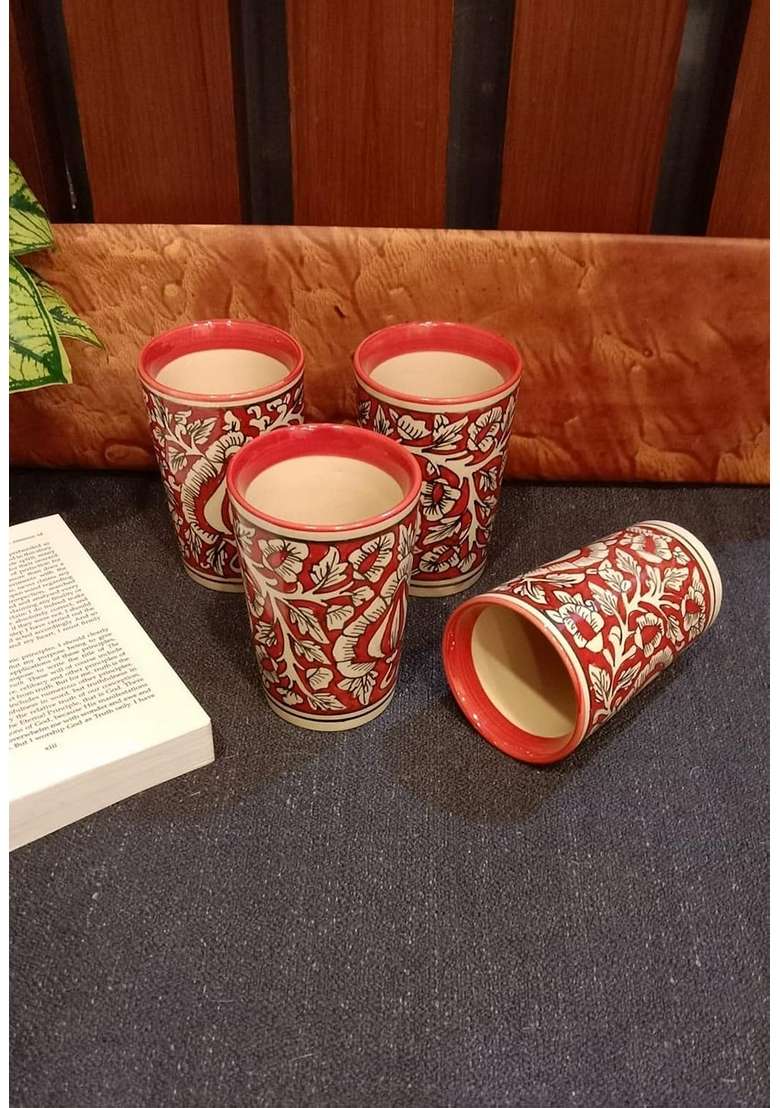 Caffeine Ceramic Handmade Red Mughal Water Glass | 300 ml | 10.1 fl oz | 6-Piece Set - Indya