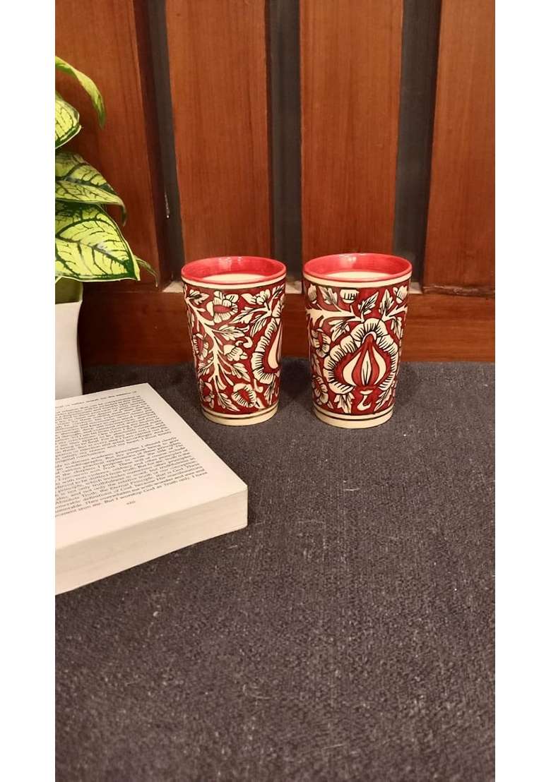 Caffeine Ceramic Handmade Red Mughal Water Glass | 300 ml | 10.1 fl oz | 6-Piece Set - Indya