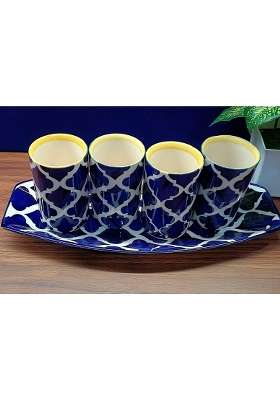 Caffeine Ceramic Stoneware Handmade Blue Umrao Milk and Water Glass | 5-Piece Set | Dishwasher Safe | Microwave Safe