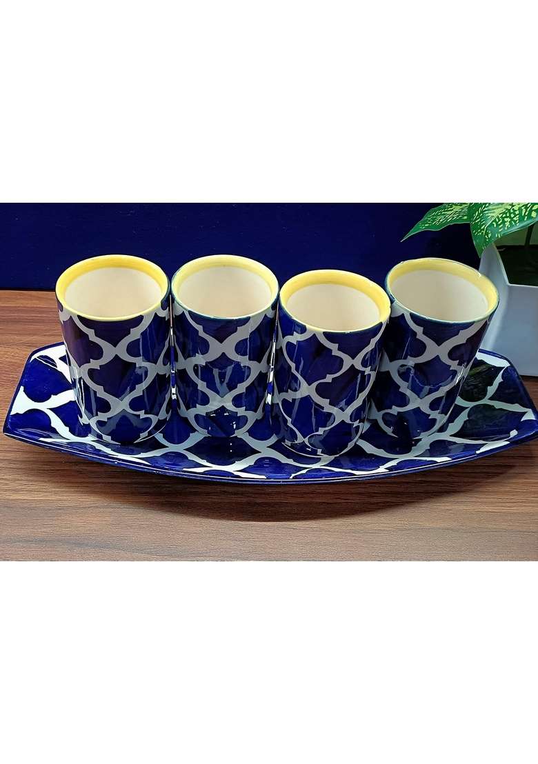 Caffeine Ceramic Stoneware Handmade Blue Umrao Milk and Water Glass | 5-Piece Set | Dishwasher Safe | Microwave Safe - Indya