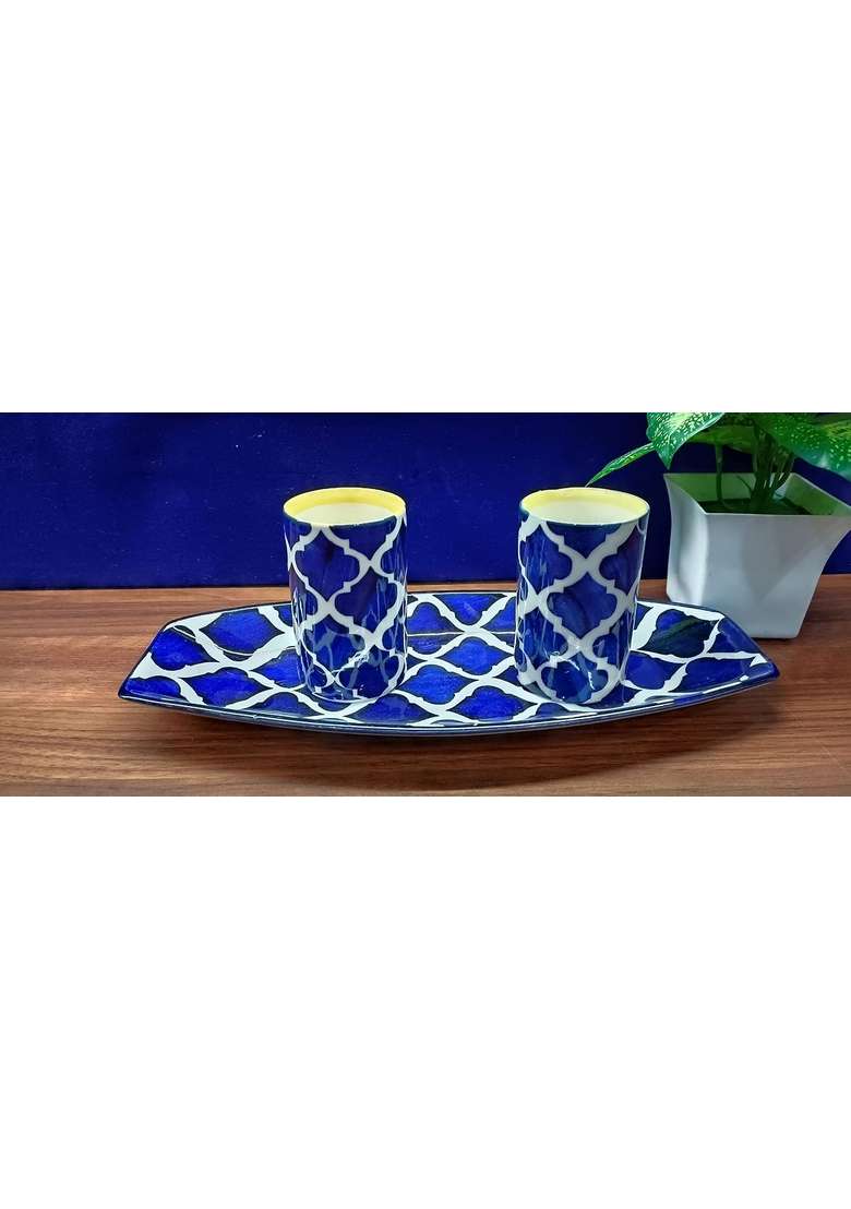Caffeine Ceramic Stoneware Handmade Blue Umrao Milk and Water Glass | 5-Piece Set | Dishwasher Safe | Microwave Safe - Indya