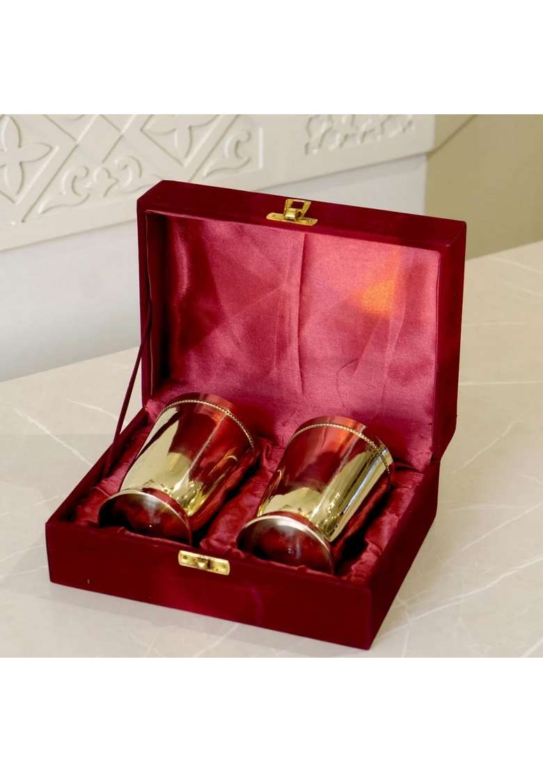 Brass Globe Plain Brass Glass with Velvet Gift Box | 2-Piece Set - Indya