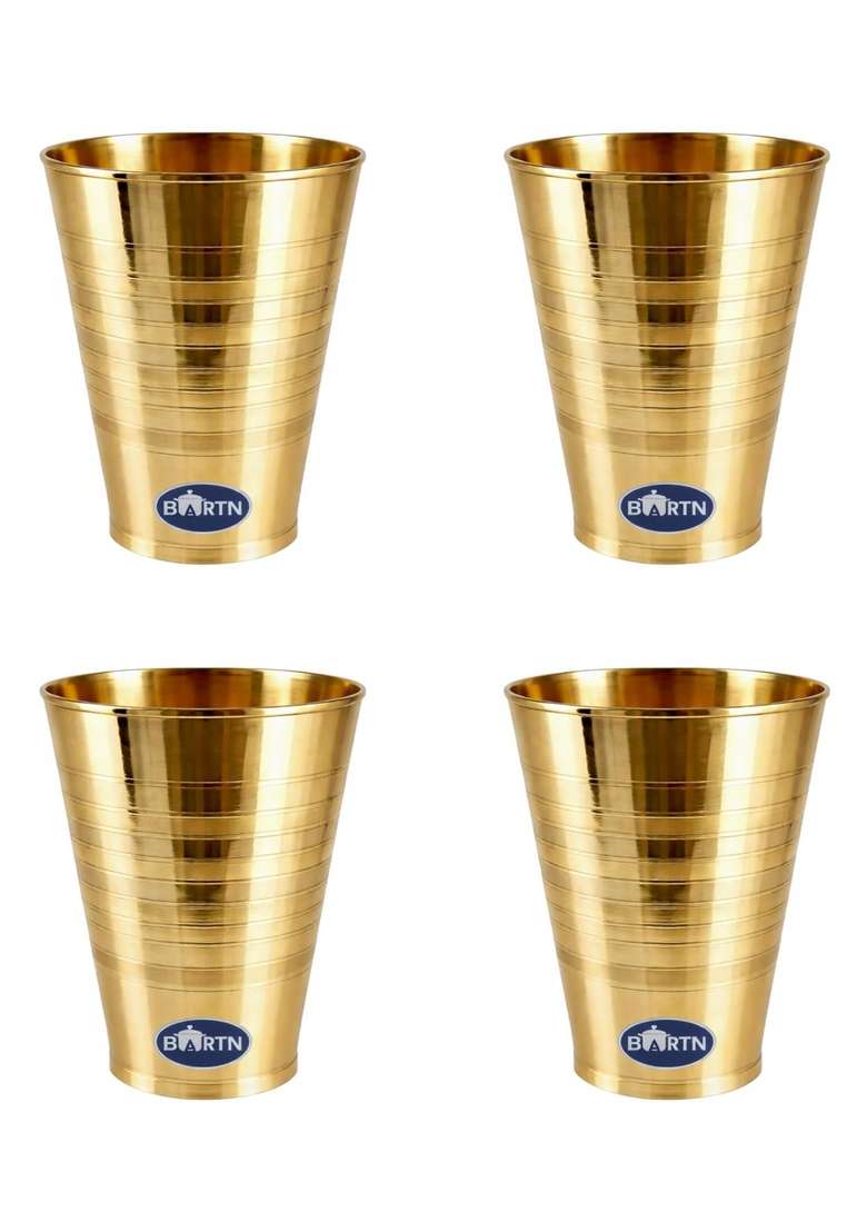 BARTN Pure Brass Glass for Water Milk Juice | 400 ml | 13.5 fl oz | 4-Piece Set | Non-Toxic - Indya