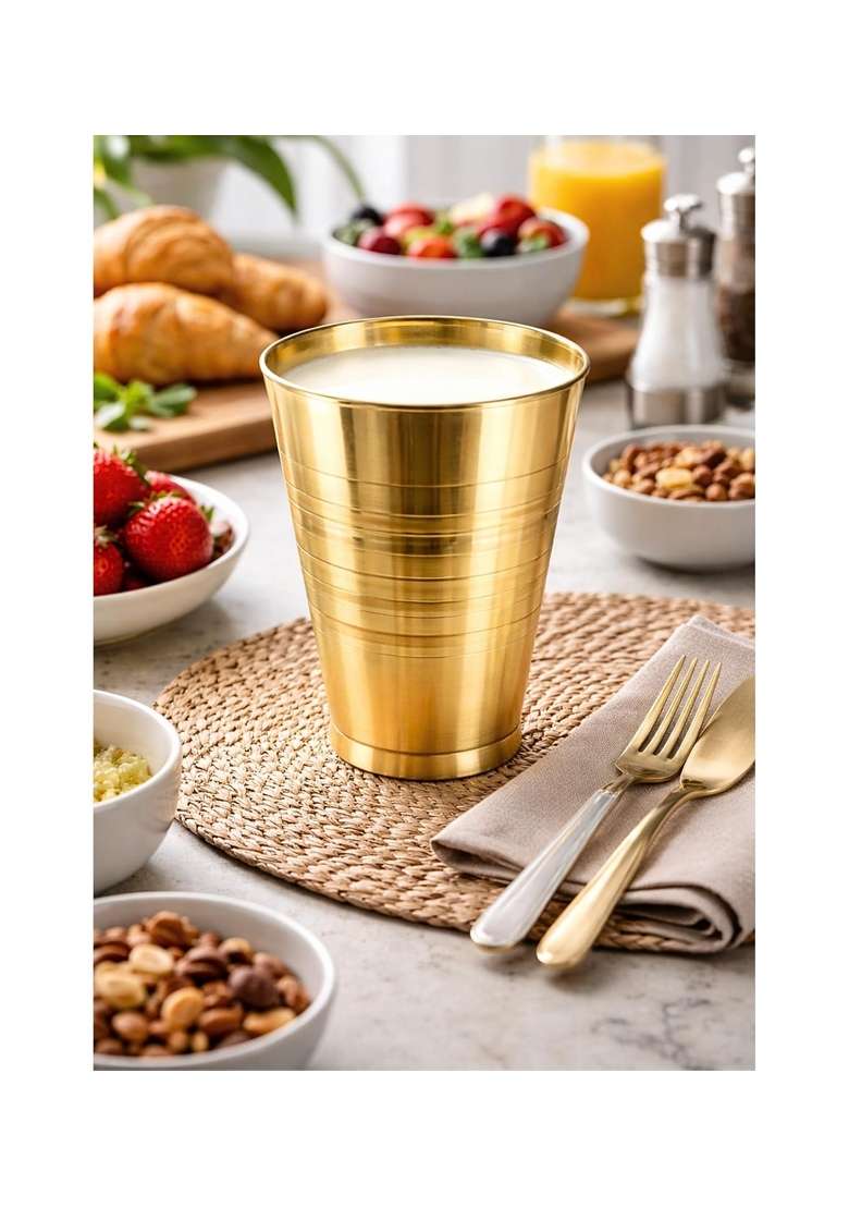 BARTN Pure Brass Glass for Water Milk Juice | 400 ml | 13.5 fl oz | 4-Piece Set | Non-Toxic - Indya