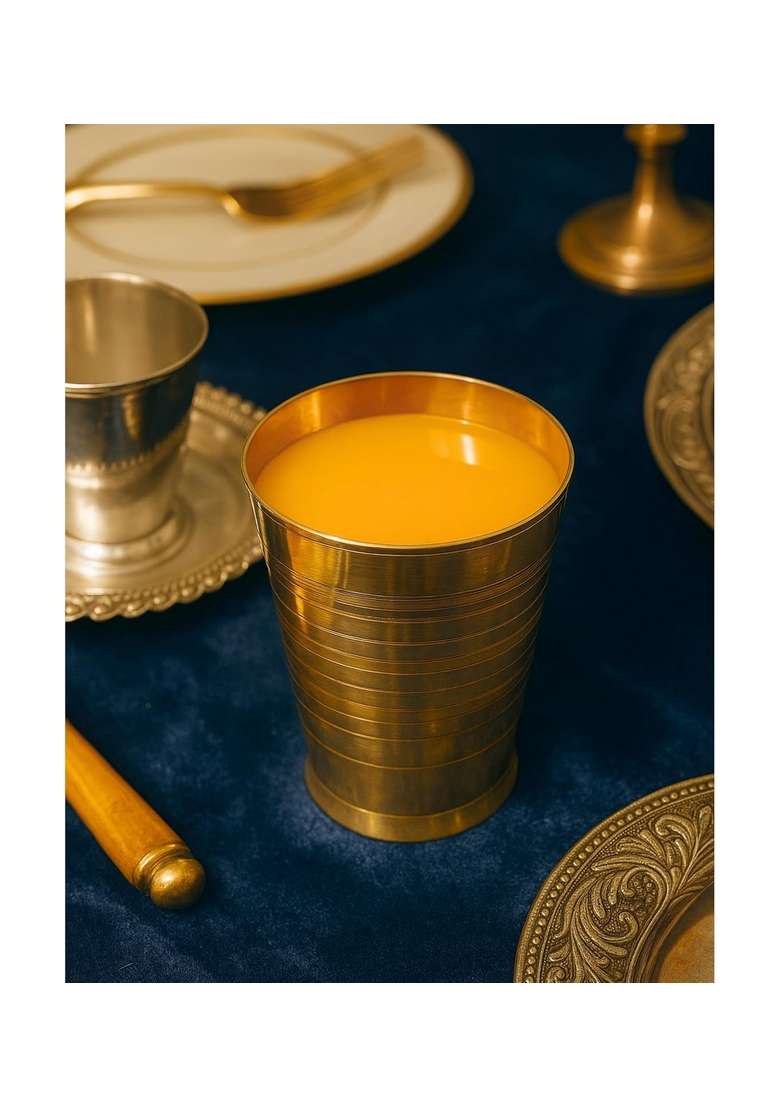 BARTN Pure Brass Glass for Water Milk Juice | 400 ml | 13.5 fl oz | 4-Piece Set | Non-Toxic - Indya