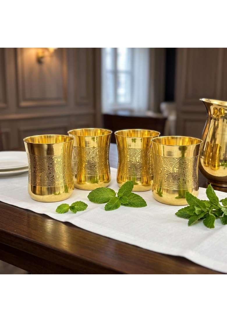 Copper-Master Pure Brass Dumro Glasses for Drinking and Serving Embossed Traditional Tumbler | 300 ml | 10.1 fl oz | 6-Piece Set | Handcrafted - Indya