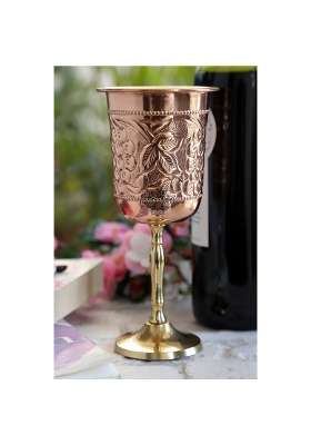 INDIAN ART VILLA Pure Copper Wine Glass with Grape Vines Embossed Design and Brass Bottom | 300 ml | 10.1 fl oz