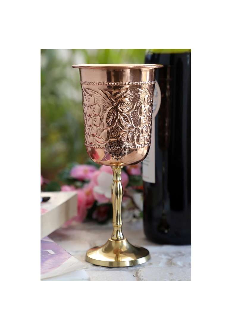 INDIAN ART VILLA Pure Copper Wine Glass with Grape Vines Embossed Design and Brass Bottom | 300 ml | 10.1 fl oz - Indya