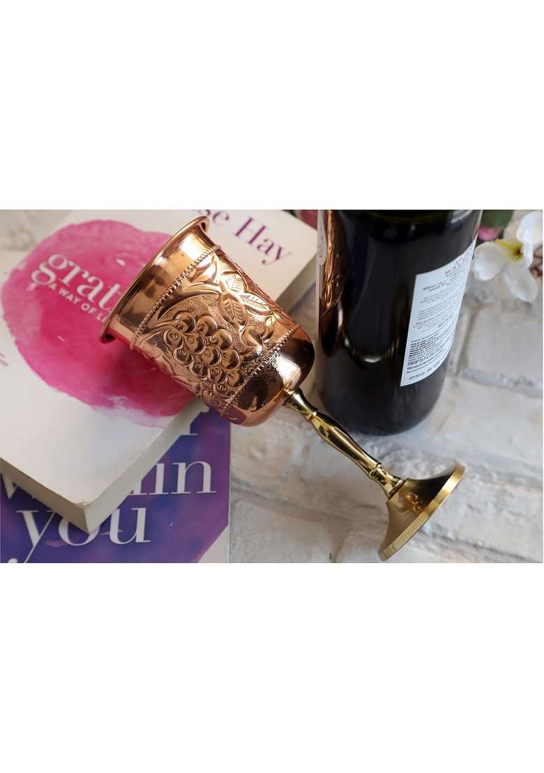 INDIAN ART VILLA Pure Copper Wine Glass with Grape Vines Embossed Design and Brass Bottom | 300 ml | 10.1 fl oz - Indya