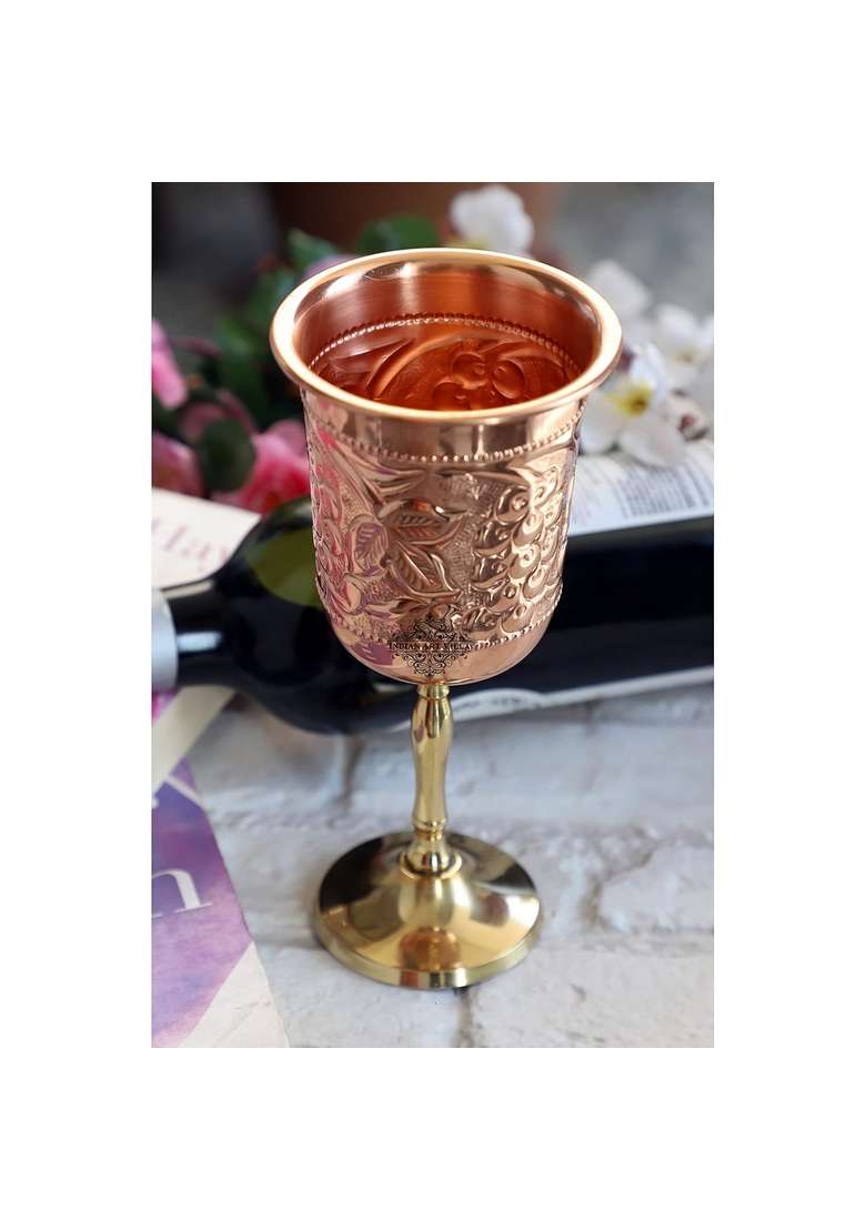 INDIAN ART VILLA Pure Copper Wine Glass with Grape Vines Embossed Design and Brass Bottom | 300 ml | 10.1 fl oz - Indya