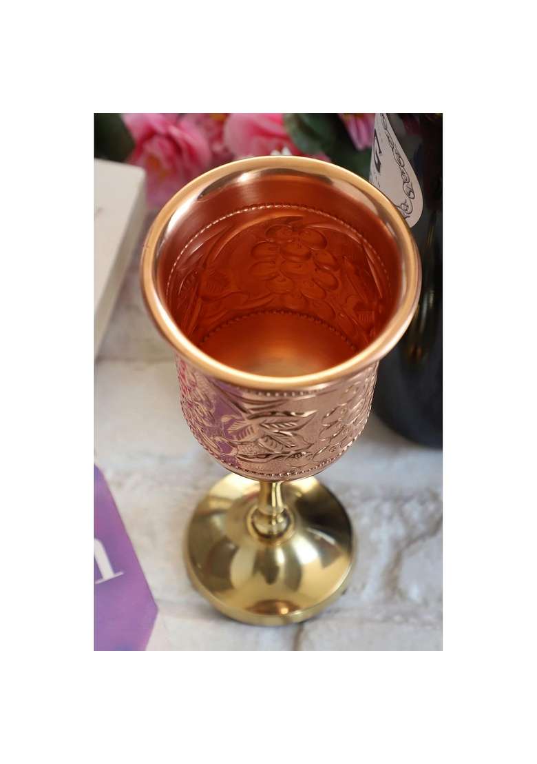 INDIAN ART VILLA Pure Copper Wine Glass with Grape Vines Embossed Design and Brass Bottom | 300 ml | 10.1 fl oz - Indya