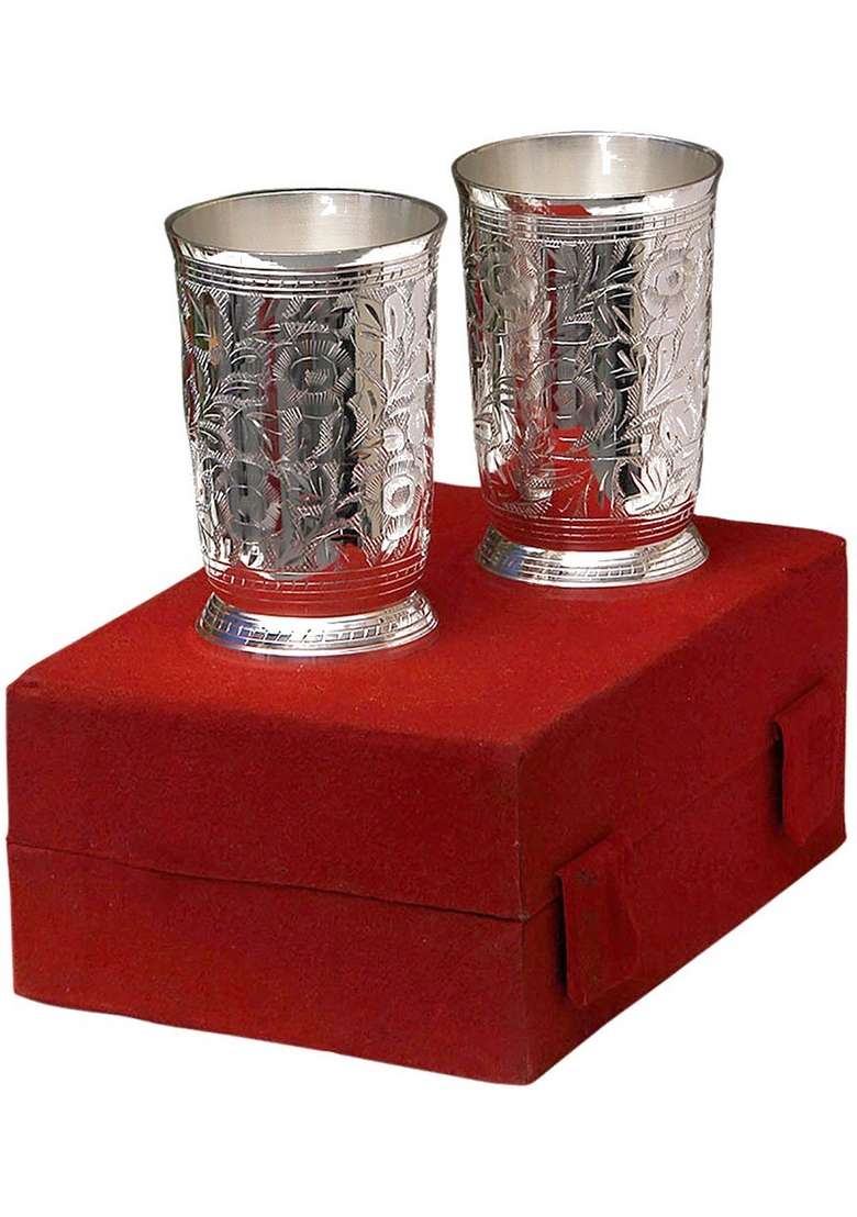 JAIPUR ACE Silver Plated Brass Water Glasses Pieces | 2-Piece Set - Indya