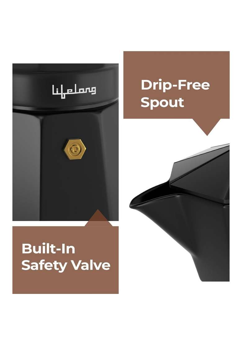 Lifelong -1 Moka Pot Coffee Maker | 300 ml | 10.1 fl oz | Induction Compatible - Indya