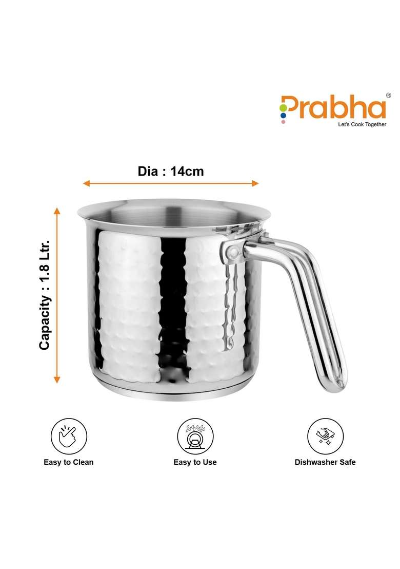 Prabha Stainless Steel Milk Pot with Handle | 1.8 L | 1.9 Qt | 14 cm | 5.5 Inch | Induction Compatible | Hammered Finish - Indya