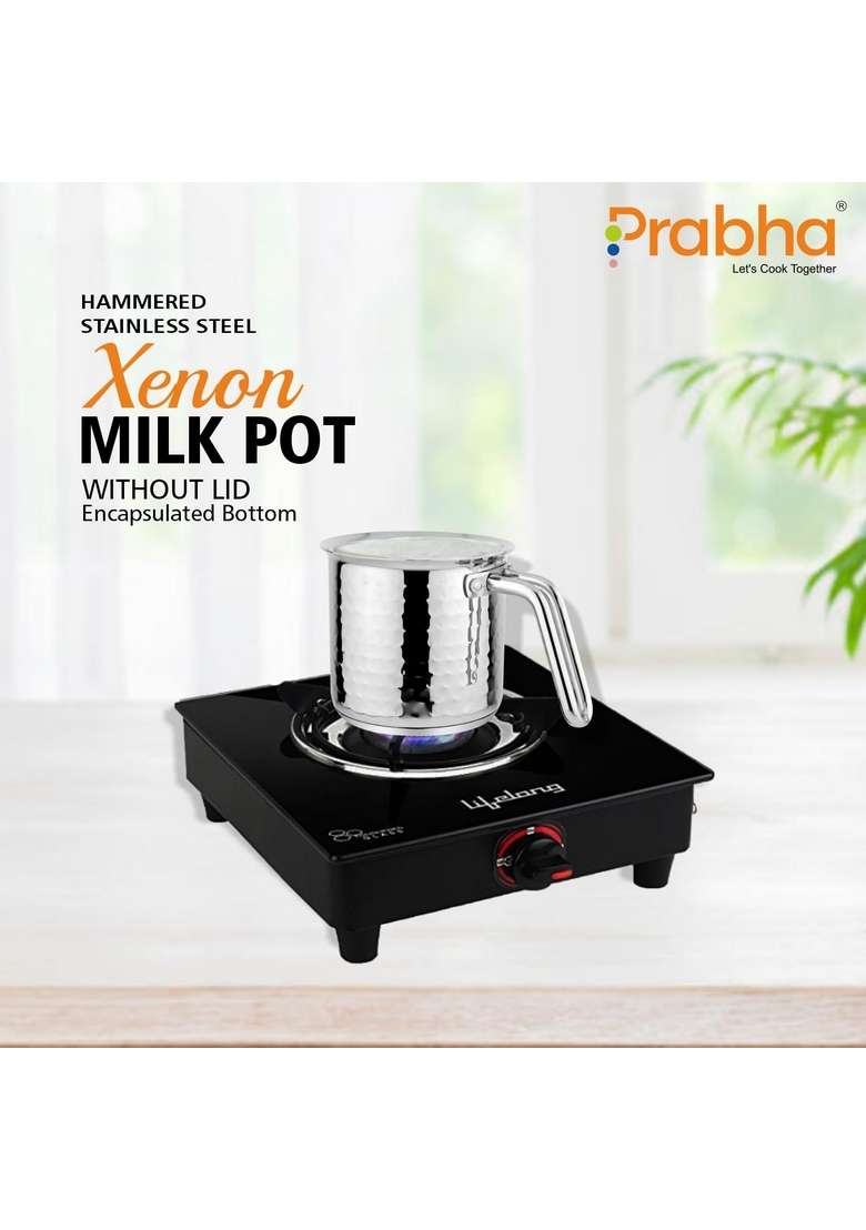 Prabha Stainless Steel Milk Pot with Handle | 1.8 L | 1.9 Qt | 14 cm | 5.5 Inch | Induction Compatible | Hammered Finish - Indya