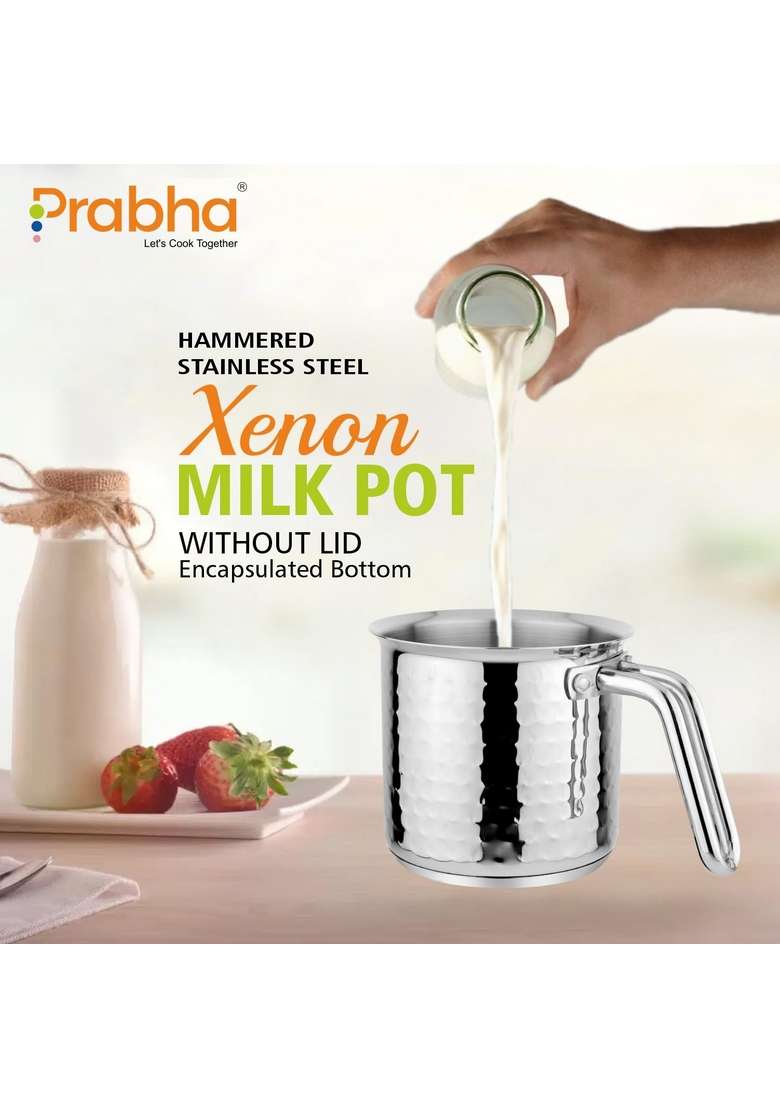 Prabha Stainless Steel Milk Pot with Handle | 1.8 L | 1.9 Qt | 14 cm | 5.5 Inch | Induction Compatible | Hammered Finish - Indya