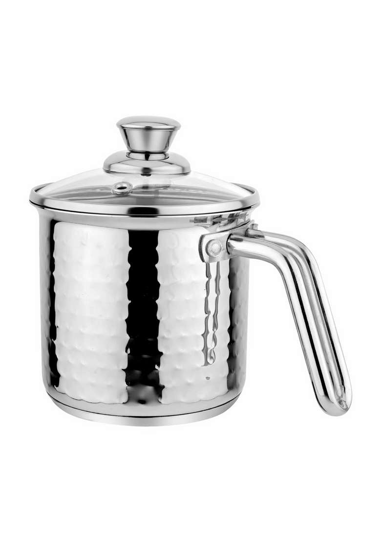 The Indian Aura Stainless Steel Milk Pot with Glass Lid Stove and Induction Cookware 1 Year | 1.8 L | 1.9 Qt | 14 cm | 5.5 Inch | Hammered Finish - Indya