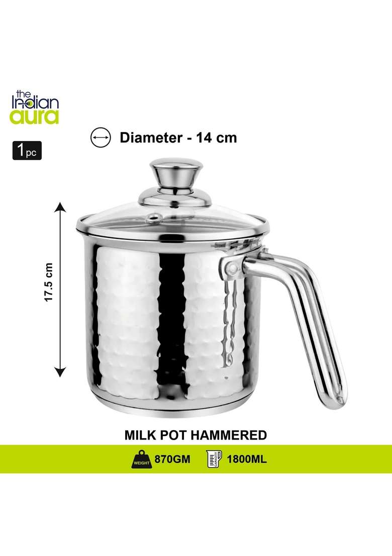The Indian Aura Stainless Steel Milk Pot with Glass Lid Stove and Induction Cookware 1 Year | 1.8 L | 1.9 Qt | 14 cm | 5.5 Inch | Hammered Finish - Indya