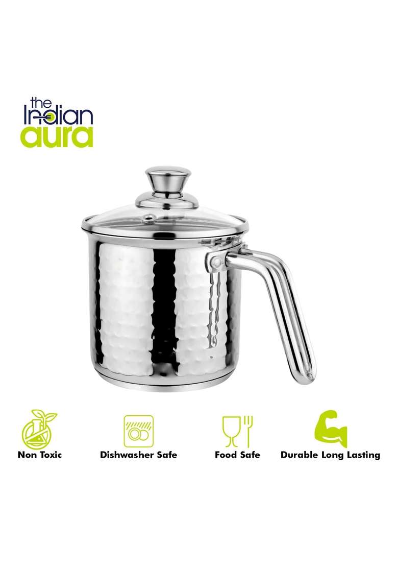 The Indian Aura Stainless Steel Milk Pot with Glass Lid Stove and Induction Cookware 1 Year | 1.8 L | 1.9 Qt | 14 cm | 5.5 Inch | Hammered Finish - Indya