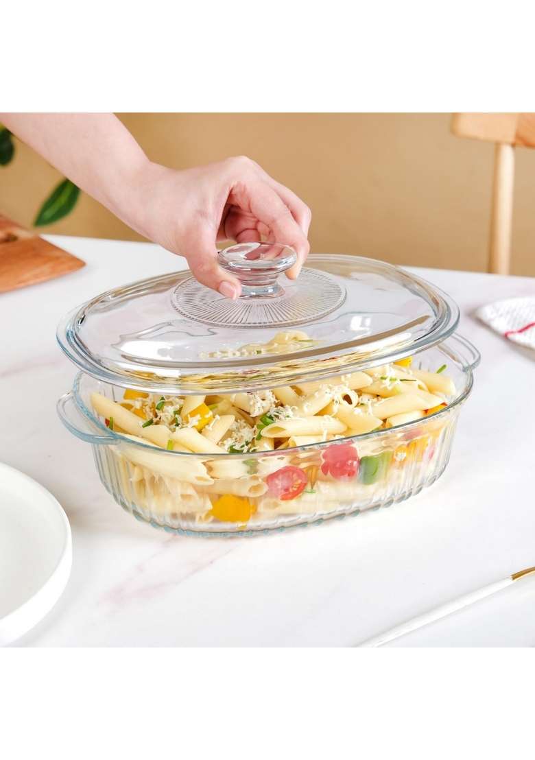 Nestasia Ribbed Borosilicate Glass Casserole with Lid | 1600 ml | 54.1 fl oz | Dishwasher Safe | Microwave Safe - Indya