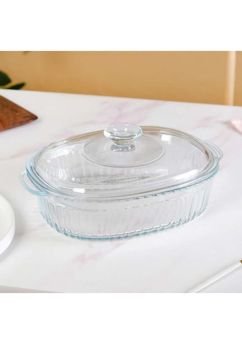 Nestasia Ribbed Borosilicate Glass Casserole with Lid | 1600 ml | 54.1 fl oz | Dishwasher Safe | Microwave Safe - Indya