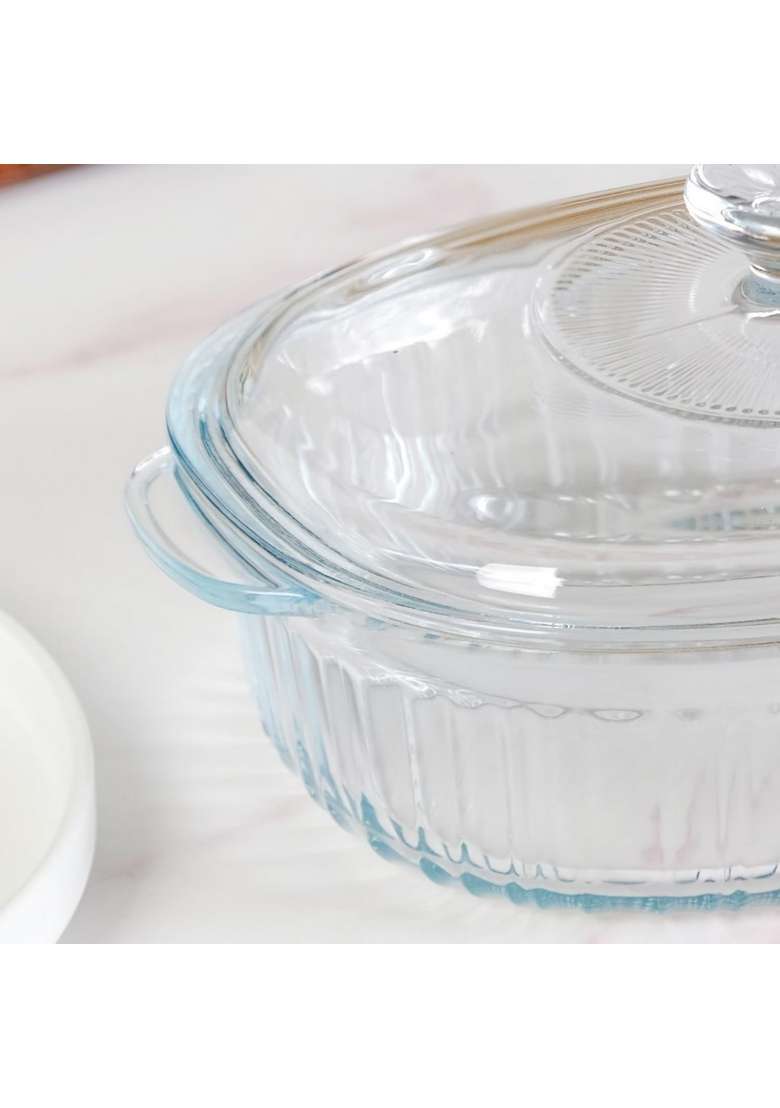 Nestasia Ribbed Borosilicate Glass Casserole with Lid | 1600 ml | 54.1 fl oz | Dishwasher Safe | Microwave Safe - Indya